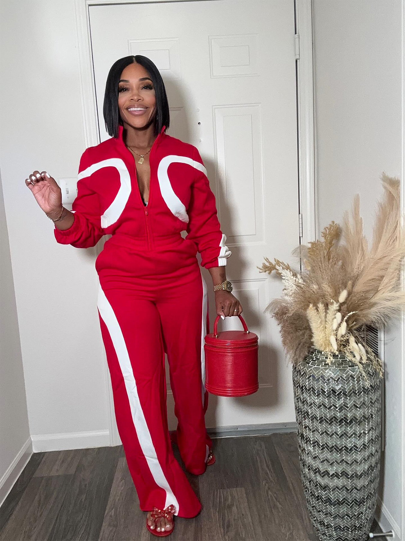 Trendy Contrast Color Elastic Waist Zipper Long Sleeve Jumpsuit
