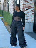 Black Bow Drawstring Loose Mid Waist Cargo Pants