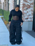 Black Bow Drawstring Loose Mid Waist Cargo Pants