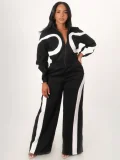 Trendy Contrast Color Elastic Waist Zipper Long Sleeve Jumpsuit