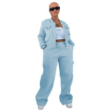 Solid Warm Lining Zipper Jacket and Wide Leg Pants Two Piece Tracksuit