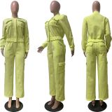 Solid Warm Lining Zipper Jacket and Wide Leg Pants Two Piece Tracksuit