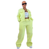 Solid Warm Lining Zipper Jacket and Wide Leg Pants Two Piece Tracksuit