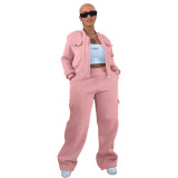 Solid Warm Lining Zipper Jacket and Wide Leg Pants Two Piece Tracksuit