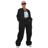 Solid Warm Lining Zipper Jacket and Wide Leg Pants Two Piece Tracksuit