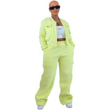 Solid Warm Lining Zipper Jacket and Wide Leg Pants Two Piece Tracksuit