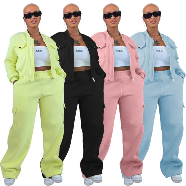 Solid Warm Lining Zipper Jacket and Wide Leg Pants Two Piece Tracksuit