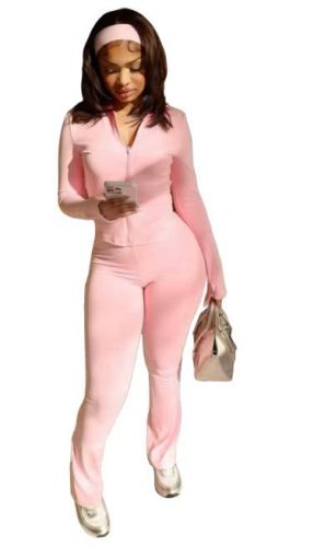 Solid Zipper Jacket and Flare Pants Two Piece Tracksuit with Headband