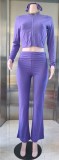 Solid Zipper Jacket and Flare Pants Two Piece Tracksuit with Headband