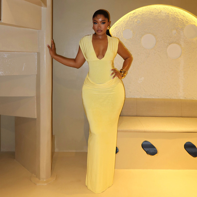 Solid V-Neck Ruched Bodycon Sexy Maxi Dress