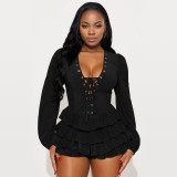 Plunge Neck Lace-Up Ruffle Short Dress