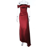 Sexy Satin Off Shoulder Slit Maxi Evening Dress