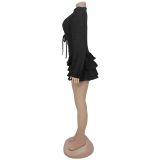 Plunge Neck Lace-Up Ruffle Short Dress