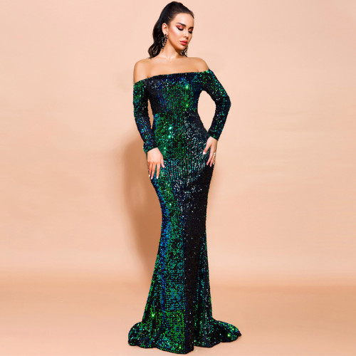 Sexy Sequin Long Sleeve Off Shoulder Maxi Evening Dress