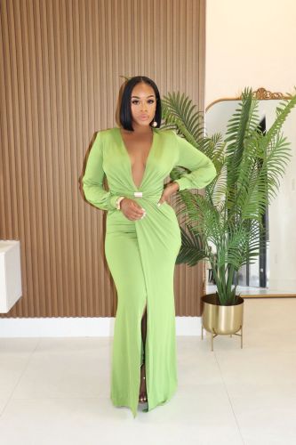 Sexy Deep-V Long Sleeve Slim Waist Slit Solid Maxi Dress
