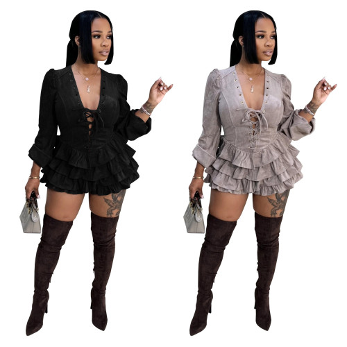 Plunge Neck Lace-Up Ruffle Short Dress