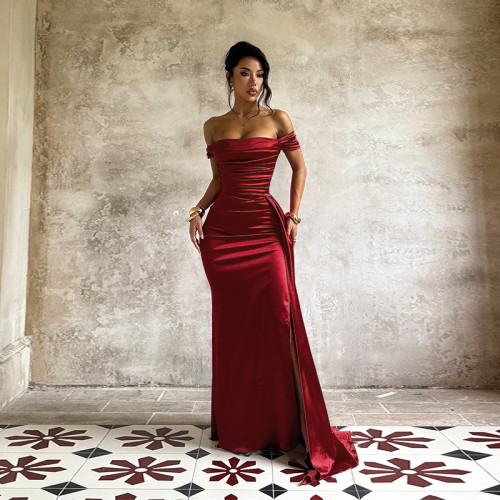 Sexy Satin Off Shoulder Slit Maxi Evening Dress