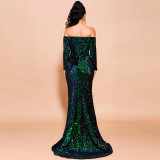 Sexy Sequin Long Sleeve Off Shoulder Maxi Evening Dress