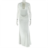 Solid V-Neck Ruched Bodycon Sexy Maxi Dress