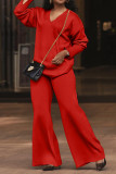 Solid V-Neck Long Sleeve Synthetic Suede Two Piece Pants Set