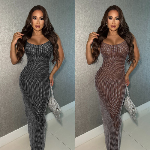 Rhinestone Straps Open Back Bodycon Sexy See Through Club Maxi Dress