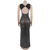 Rhinestone Straps Open Back Bodycon Sexy See Through Club Maxi Dress