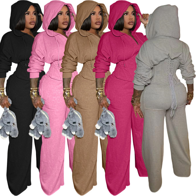 Solid Lace-up Back Corset  Hoodie Top and Wide Leg Pants Casual Two Piece Set