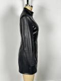 Black Long Sleeve PU Leather Zipper Bodycon Dress