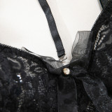 Women Black Floral Lace Sexy Three-Piece Lingerie