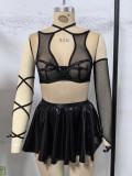 Women Black Mesh and PU-leather Sexy Lingerie Set