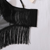 Black See-Through Mesh Strap Tassel Corset Top and Thong Lingerie Set