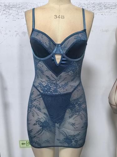 Sexy Lingerie Blue Floral Lace Dress
