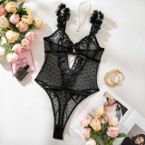 Women Embroidered Heart Flower Straps See Through Lace Bodysuit Wexy Lingerie