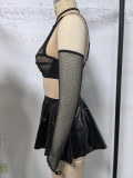 Women Black Mesh and PU-leather Sexy Lingerie Set