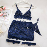 Women Lace-up Floral Lace See-through Sexy Lingerie Set