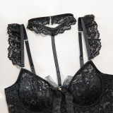 Women Black Floral Lace Sexy Three-Piece Lingerie