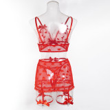 Valentine's Day Heart Print See-through Mesh Bow Garter Lingerie Set