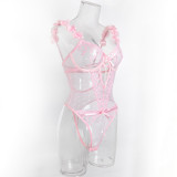 Women Embroidered Heart Flower Straps See Through Lace Bodysuit Wexy Lingerie