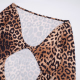 Women's Sexy Leopard Print Cut-Out Long Sleeve Slim Maxi Dress