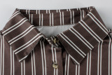 Fashion Two Piece Set Striped Long Sleeve Turndown Collar Shirt Top Bodycon Short Skirt