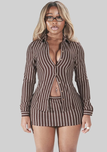 Fashion Two Piece Set Striped Long Sleeve Turndown Collar Shirt Top Bodycon Short Skirt