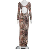 Women's Sexy Leopard Print Cut-Out Long Sleeve Slim Maxi Dress