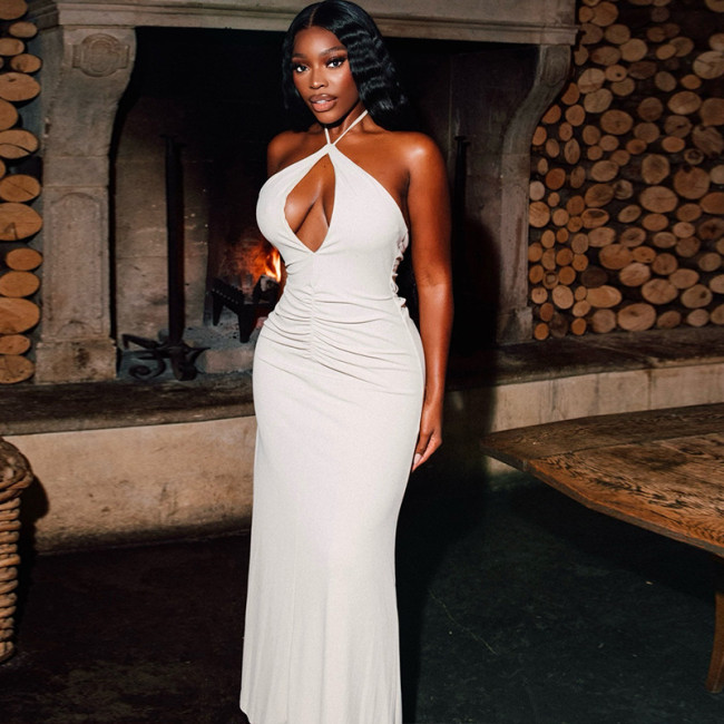 Women's Chic Halter Ruched Sexy Backless Bodycon Maxi Dress