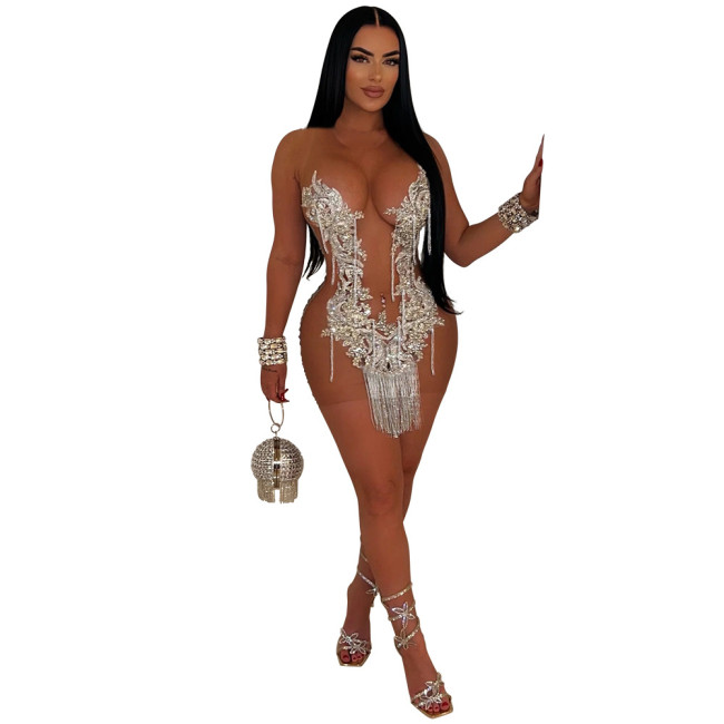 Sexy See Through Mesh Sequin Tassel Club Dress