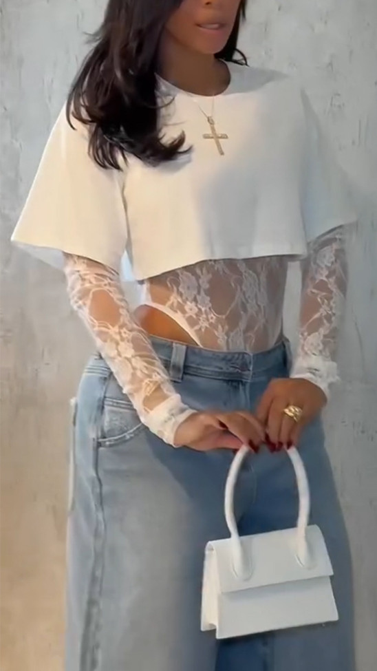 Women Cropped T-Shirt and Lace Bodysuit Two Piece Set