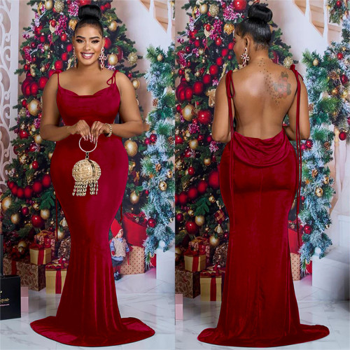 Sexy Solid Sleeveless Strap Backless Maxi Dress