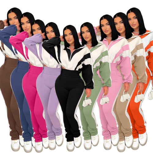 Patchwork Contrast Color High Waisted Sports Tracksuit