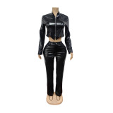 PU Leather Zipper Short Jacket and Pants Two Piece Set