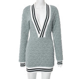 Sexy Deep V-Neck Long Sleeve Quilted Bodycon Dress