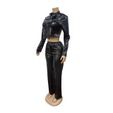 PU Leather Zipper Short Jacket and Pants Two Piece Set